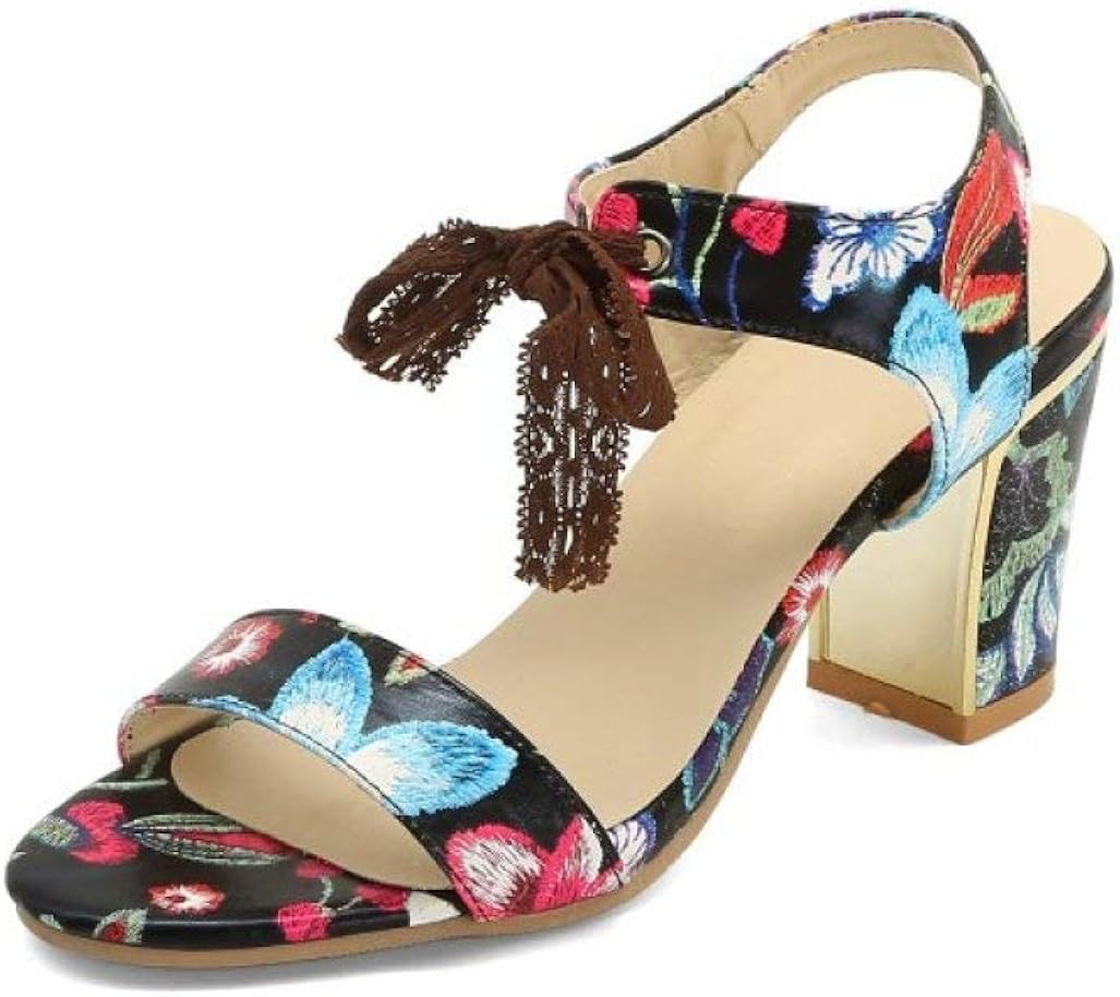 Amazon.com | Womens High Heeled Chunky Block Sandals with Lace Up Ankle Strap Summer Floral 
