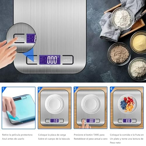 DQST Bascula Digital Cocina, Báscula para Alimentos, Utilizable con Carga USB y Batería (incluida), con Pantalla LCD, 10 kg / 22 lbs, Precisión de 1 g, Una Bascula Gramera Imprescindible en la Cocina.