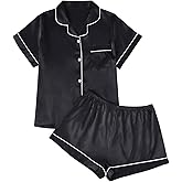 AUTOMET Women Silk Satin Fall Pajama Set Matching Lounge Pjs Button Up Soft 2 Piece Suit Ladies Tops and Shorts