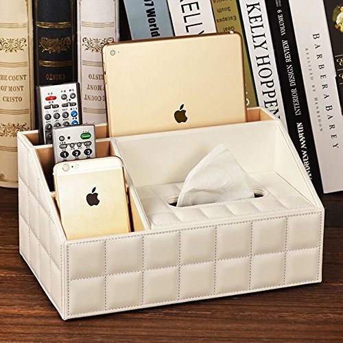 UnionBasic Multifunctional PU Leather Office Desk Organizer iPad Notebook File Box Holder Business Card/Pen/Pencil/Mobile Phone/Stationery Holder Storage Organizer Small Tissue Box (Plaid White - New)
