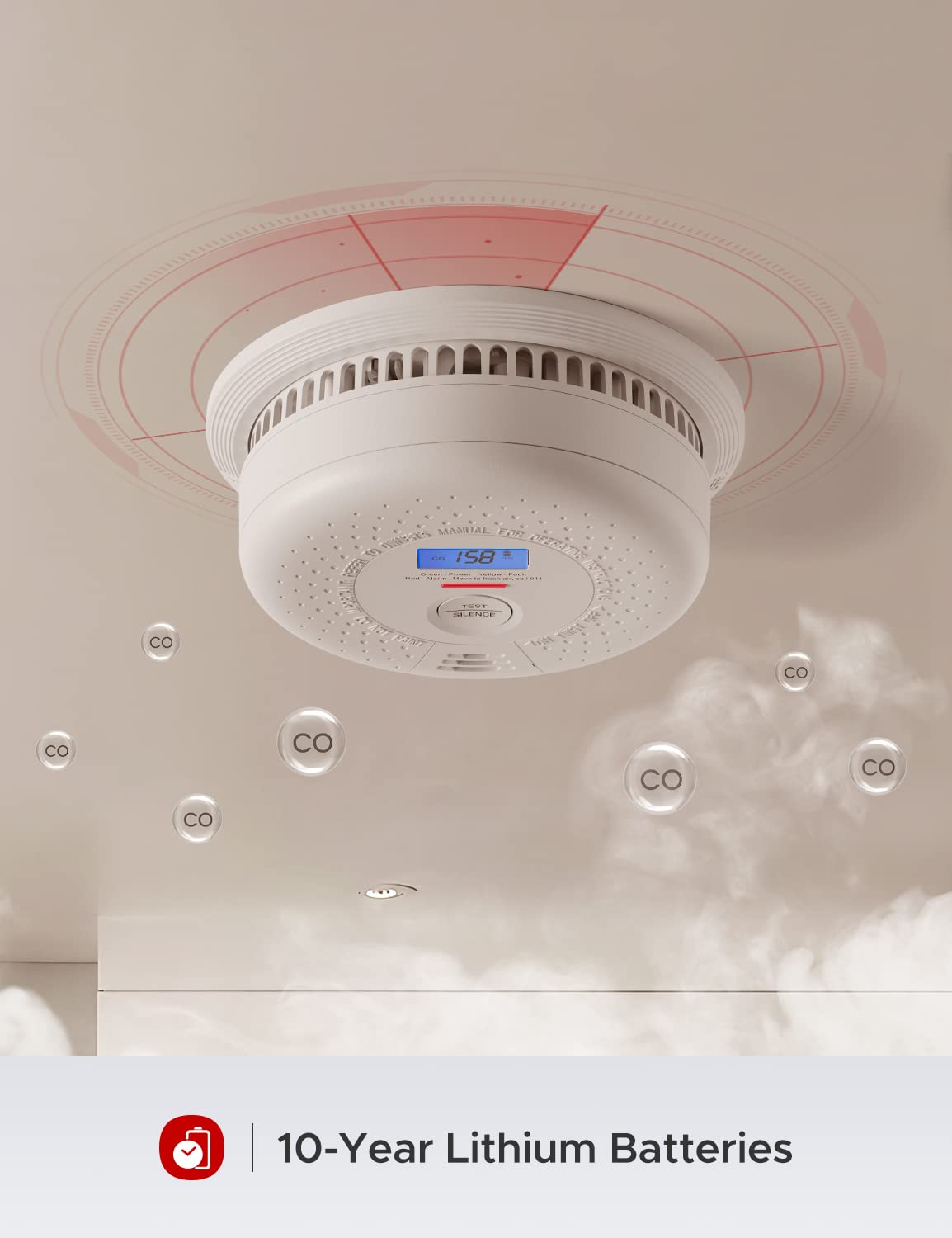 X-Sense SC01 10 Year Battery (Not Hardwired) Smoke and Carbon Monoxide Detector with Display, Dual Sensor Smoke CO Alarm Complies with UL 217 & UL 2034 Standards, Auto-Check, 5-Pack