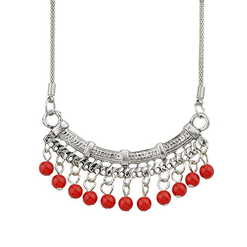 Feelontop Vintage Antique Silver Chain Blue Red Stone Bead Geometric Pendant Necklace with Jewelry Pouch (red)