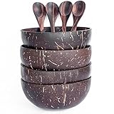 Coconut Bowl and Spoon (Set of 4) - 100% Natural, Hand made, Polished with Coconut Oil, durable, lightweight, easy clean, long lasting, vegan friendly. For Breakfast, Serving, Decoration