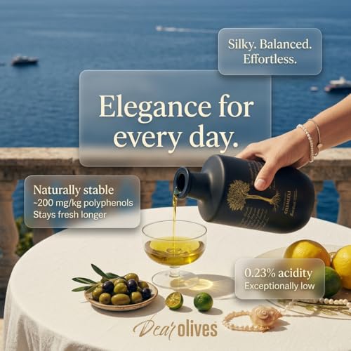 Dear Olives™ – Award-Winning Extra Virgin Olive Oil - Naturally Rich in Polyphenols - Exceptionally Low Acidity - Early Harvest Cold Pressed Single-Origin Tunisian EVOO - Fresh Harvest Perfect for Dipping, Drizzling and Cooking - Individually Numbered Bottle with a Gift Box, 700ml (Chemlali - Smooth/Douce)