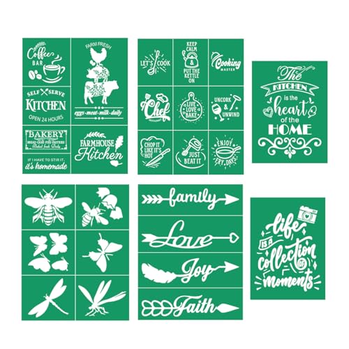 DGAGA 6 Pieces Self Adhesive Silk Screen Printing Stencil Mesh Transfers Farmhouse Kitchen Theme Reusable Silk Screen Stencils for DIY Painting on Wood, Fabric,Home Decor, Crafts Chalks, Chalk Paste
