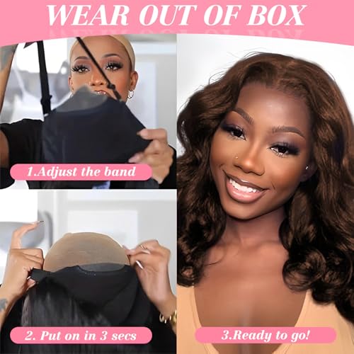 Glueless Wig Human Hair Bob Wigs for Women Human Hair Wear and Go Glueless Wig 4x4 Pre Cut Body Wave Lace Front Wigs Natural Hairline 180% Density Chocolate Brown Color 12 inch (30cm)