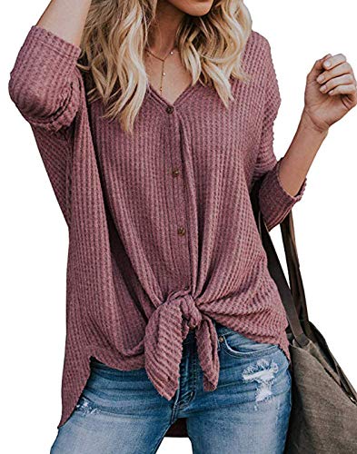 Womens Waffle Knit Tunic Blouse Front Tie Knot Henley Tops Button Down Knitting Cardigan Batwing Plain Shirts Wine Red XL