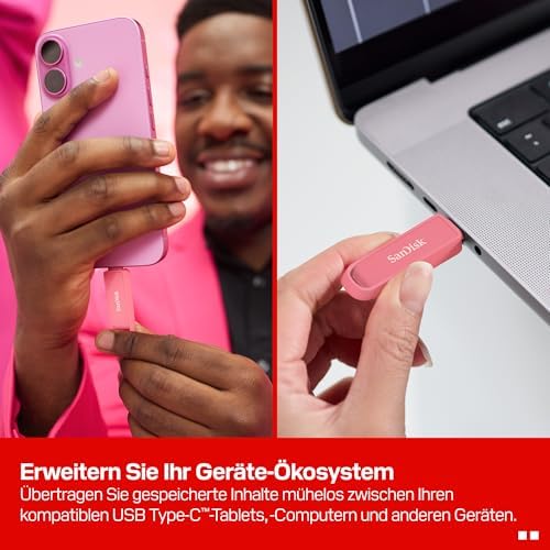 Phone Drive mit USB Type-C 512 GB (Flash-Laufwerk für Smartphones, Tablets und Computer, 150 MB/s Lesen, Schlüsselring-Öse zur Mitnahme, 1 Jahr RescuePRO Deluxe-Software) - Seastar Pink