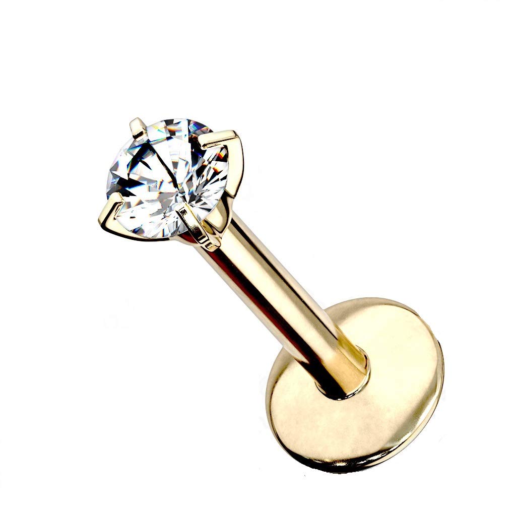 PiercedOff 1.2mm Gold Tone PVD over Titanium Labret with 3mm Clear CZ Gem - Length 8mm