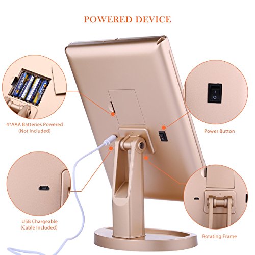 Lighted Makeup Mirror EMOCCI Tri-Fold Vanity Mirrors With 3X 2X 1 Magnification,USB Charging 180 Degree Free Rotation Mirror For Women Girls Cosmetic Make Up Bathroom Countertop Use (Gold)