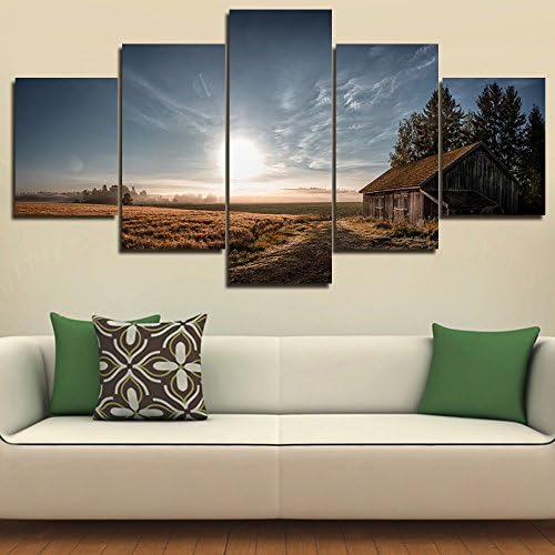Large Wall Pictures for Living Room Log Cabin in a Forest,Painting on Canvas 5 Piece Landscape Modern Artwork Home Decor Giclee Framed Posters and Prints Gallery-wrapped Ready to Hang(60''Wx32''H)