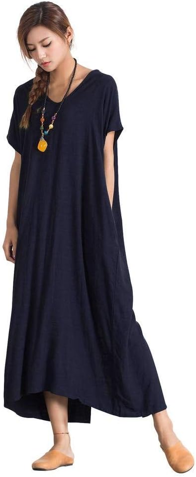 Sellse Women's Linen Loose Summer Large Size Long Dress Plus Size Cotton Clothing