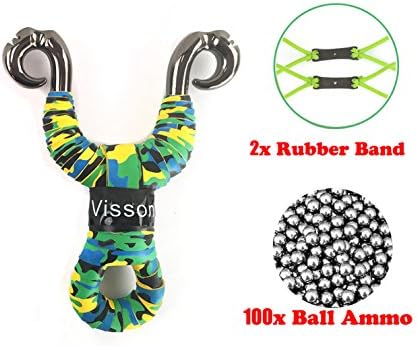 Stainless Steel Professional Outdoor Athletics Hunting Slingshot + 2 Rubber Band + 100 x Ball Ammo (Camouflage Green, Cavel)