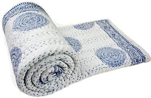 Jaipuri Handloom Crafts Indian Handmade Cotton Kantha Quilt Bed Spread Blanket Throw Indian Queen Size White Base Size 90” X 108