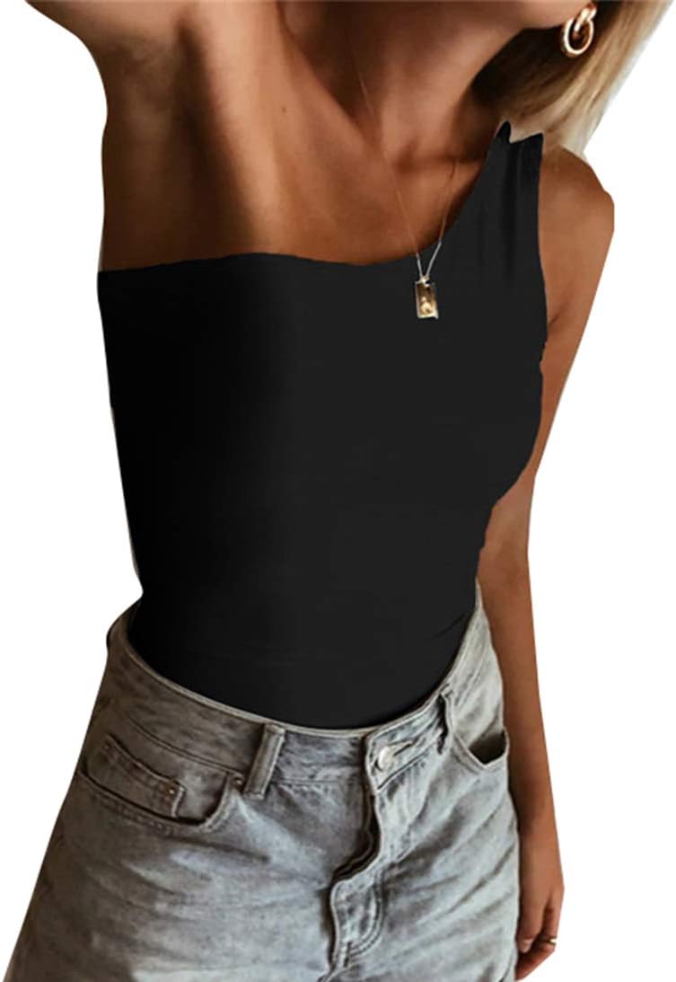 PRIMODA Women's Sexy One Shoulder Bodysuit Basic Sleeveless Summer Leotard Top
