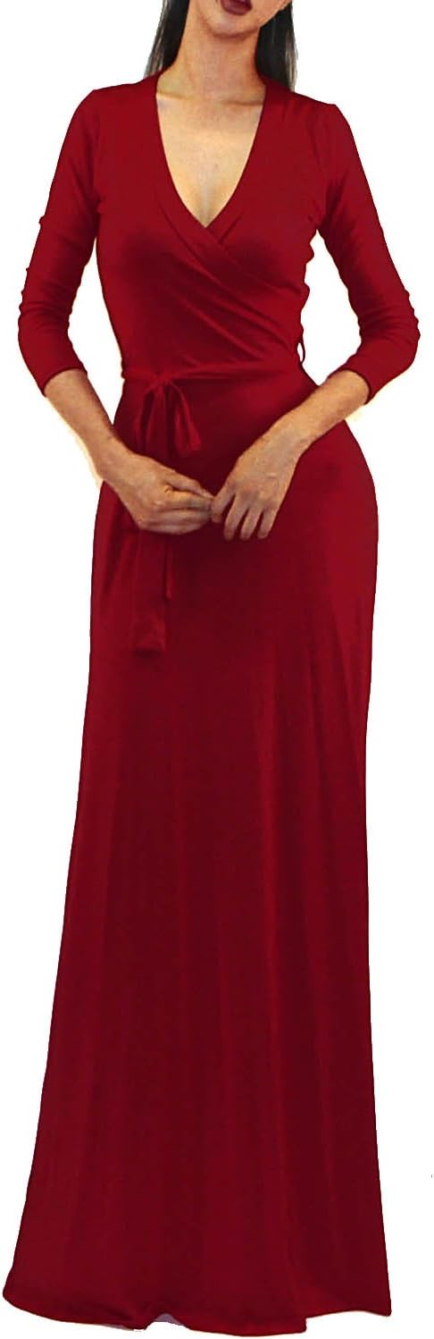 Vivicastle Women's USA Solid V-Neck 3/4 Sleeve Faux Wrap Waist Long Maxi Dress