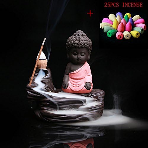 ZEETOON 25pcs Incense and Little Monk Incense Holder Censer Ceramic Yixing Backflow Stick Incense Burner Buddha Purple Clay Pottery Base Creative Home Decor (Red-A)