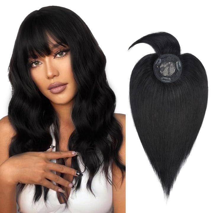 Silk-co Hair Toppers for Thinning Hair Women 10inch Clip in Hair Extensions with Fringe Real Human Hair Mono Base Crown Top Pieces #1 Jet Black