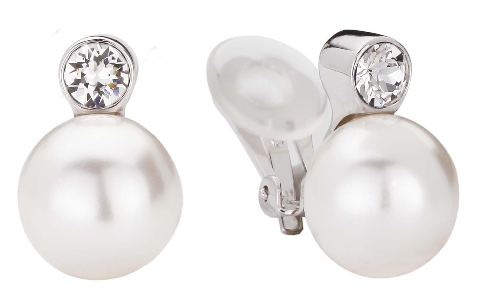 Traveller Clip-on Earrings - Pearls - 12 mm - White - Preciosa Crystals - Platinum plated - 15x12 mm - 113487