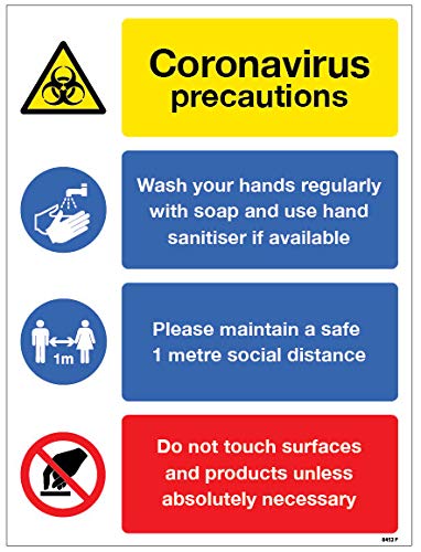 Coronavirus precautions sign - Wash hands, maintain 1 metre distance, avoid touching surfaces Semi Rigid PVC sign (300x400mm)