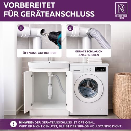 M. ROSENFELD HOME Flexible Siphon Washbasin G 1 1/4 Inch x 32-50 mm Extendible 320-900 mm with High-Quality Aluminium Nut - 100% Waterproof, Odour Protection, Easy Assembly, Universal Fit