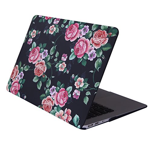 HDE MacBook Air 13 Case Floral Print Designer Pattern Plastic Slim Hard Shell Snap On Case Fits Models A1369 / A1466 (Black Floral)