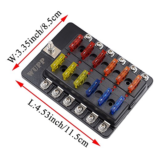 12-Way Boat Fuse Block with LED Warning Indicator Damp-Proof Cover WUPP Automotive Fuse Panel for Car Marine RV Truck DC 12-24V