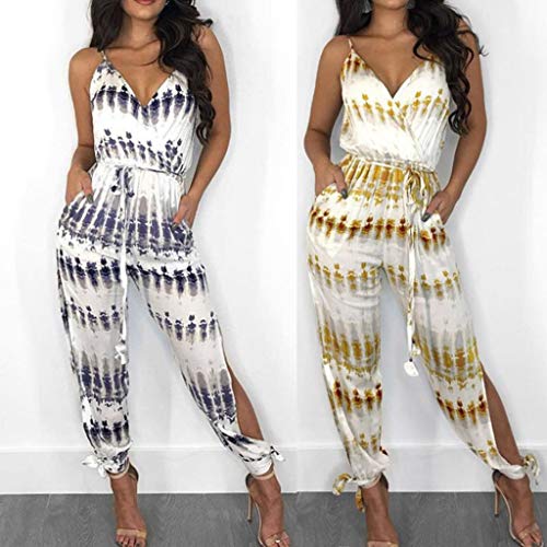 Corriee Women Jumpsuit Fashion Geometric Print Wide Leg Side Split Long Rompers Lady Summer Camis Jumpsuit Blue