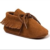 R&V Unisex Infant Baby Boys' Girls' Moccasins Soft Sole Tassels Prewalker Anti-Slip Toddler Shoes (S:0~6 months, Bandage Tan)