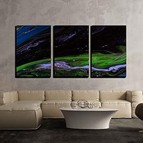 3 Piece Canvas Wall Art - Closeup View of an Original Painting. Hand Painted Abstract Dark Cosmic Grunge Background - Modern Home Art Stretched and Framed Ready to Hang - 16"x24"x3 Panels