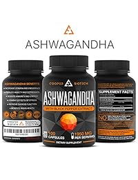 Ashwagandha – 100 cápsulas 1950MG – Alivio del estrés – Anti ansiedad – Mejor estado de ánimo – Extracto de polvo de raíz de Ashwagandha orgánico – Cortisol y soporte Adrenal – Fatiga Adrenal – Suplementos de soporte de tiroides, 1