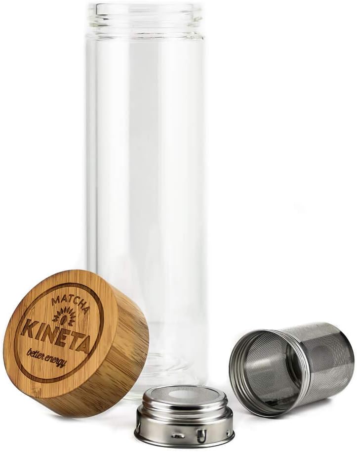 KINETA TM Cold Brew Tea: 500ml Glass Bottle on The go iced Tea Infuser with Bamboo lid. Great Way to Produce Tea Without a Tea Pot!