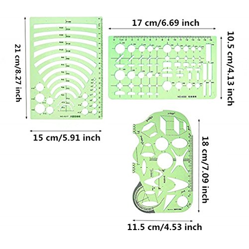 Kasmena 9 Pcs Plastic Geometric Drawings Stencils Measuring Templates Geometric Rulers for Office and School,Planner Painting Drawing,Clear Green Color - Thumbnail 3
