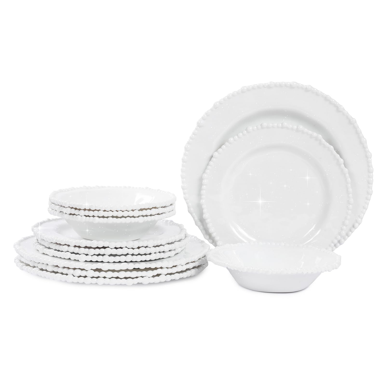 Photo 1 of 1 missing plate* Lechoo White Pearl Melamine Dinnerware Set, 12-Piece Plastic Dinner Dishes Set, Service for 4 Unbreakable Kitchen Plates and Bowls Set