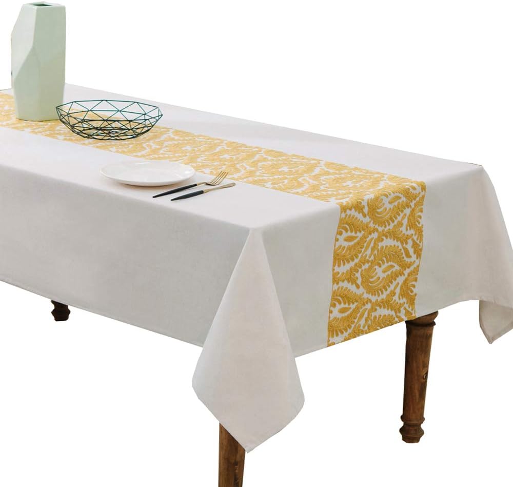 HWY 50 Cotton Linen Embroidery Tablecloths Table Cloths for Rectangle Tables, Heavyweight Burlap Table Cover for Kitchen Dinning Tabletop Decoration 52 x 70 inch 1 Piece Yellow