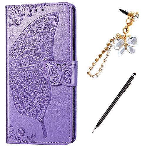 LG K40 Case,LG K12 Plus Case,LG X4 2019 Case,Embossing Mandala Butterfly Rose Vine Flip Wallet Case PU Leather Stand Card Slots Case Cover + Dust Plug Stylus for LG K40 Wallet Case,Light Purple
