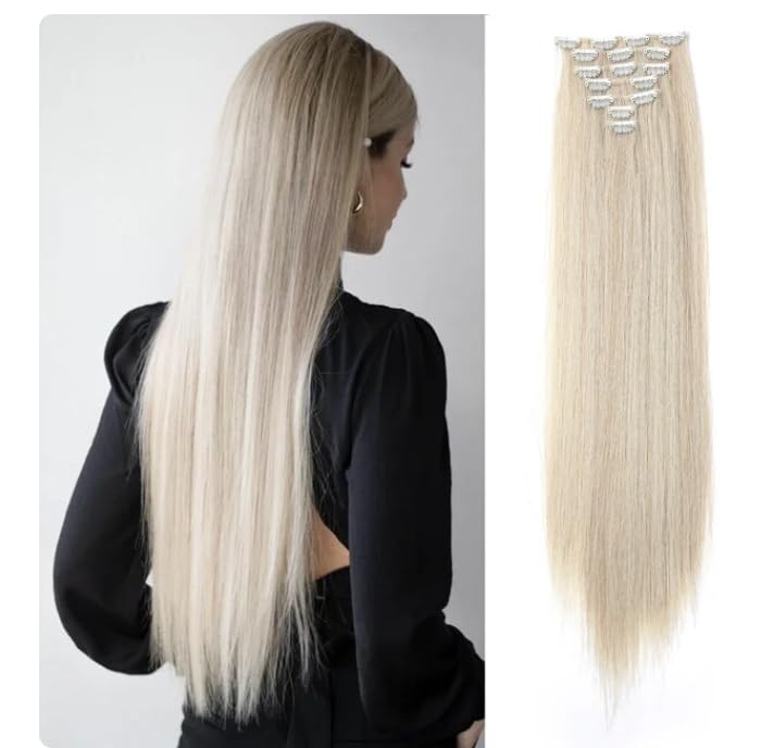 Clip In Human Hair Synthetic Full Head Hair Extension Highlights Streaks (Blonde Straight, Full Head) — image 1