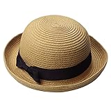 OULII Fashion Women's Girls Bowknot Roll-up Wide Brim Dome Straw Summer Sun Hat Bowler Beach Cap (Light Coffee)