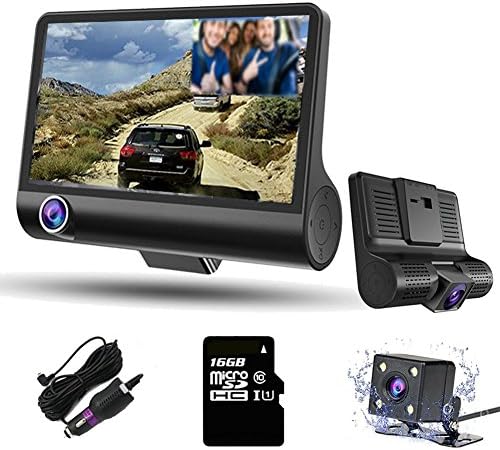Car Dash Cam, FANZY 3 Channel Dvr Recorder | Dual Camera Dash Cam Front and Rear | Vehicle Camera with G-Sensor, Parking Mode, Loop Recording + Night Vision Rearview Cam (Black)