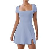 Dokuritu Womens Tennis Dresses Short Sleeve Square Neck 2024 Side Slit Double Lined Golf Athletic Dress with Built in Shorts