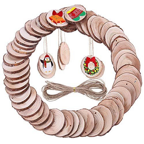 50 Pieces Natural Wood Slice Predrilled Holes Unfinished Wooden Discs with 33 Feet Jute Twine String for Helloween Christmas Easter Crafts Ornaments Gift Tags Party Wedding 2.36-2.75inch