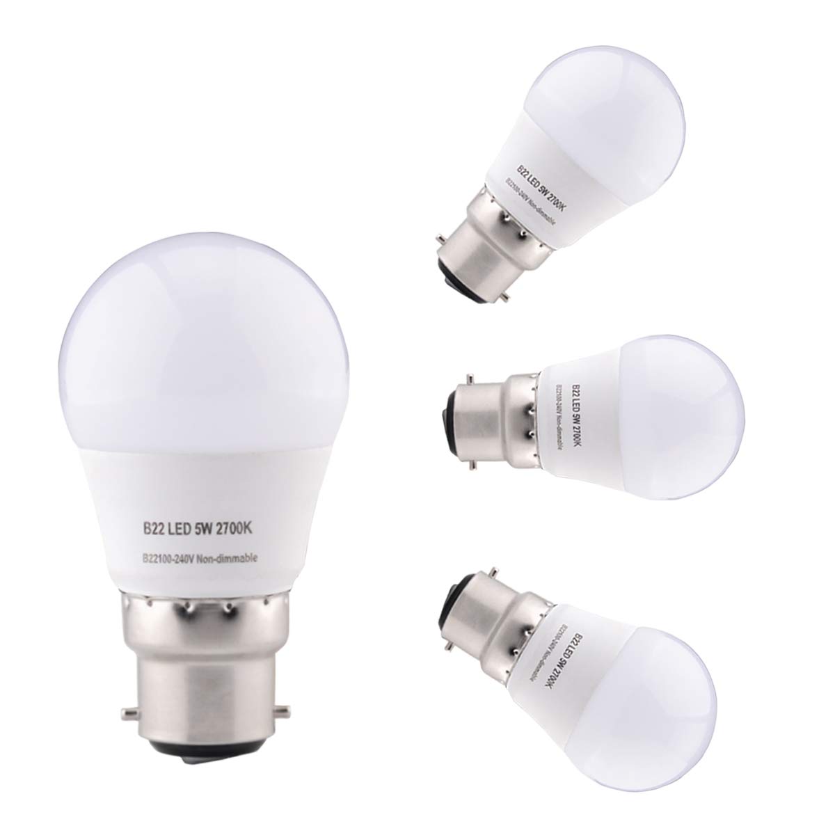 4 Pack Bayonet LED Golf Ball Light Bulbs 50W Equivalent, Super Bright 520 Lumens Mini G45 Globe Bulbs 5W B22, 2700K Warm White, by B4U