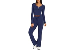 RUBZOOF Womens Lounge Set 2 Piece Loungewear Long Sleeve Cropped Tops Matching Flare Pants Sets Casual Y2k Fall Outfits XS-XL