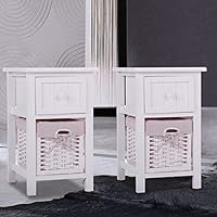 JAXSUNNY Set of 2 Small Wood Nightstand 2 Layer 1 Drawer Bedside End Table Bedroom Organizer W/Basket,11"x12.2"x17.7"