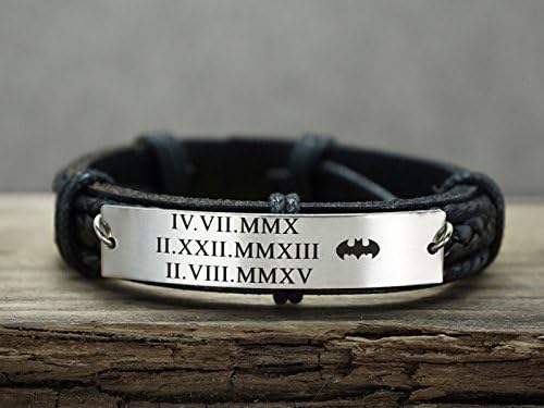 TimJeweler3 Kids Birth Date Bracelet for Dad, Batman Logo Engraved, Roman Numeral, Mens Custom Brown Leather Cuff, Fathers Day Gift