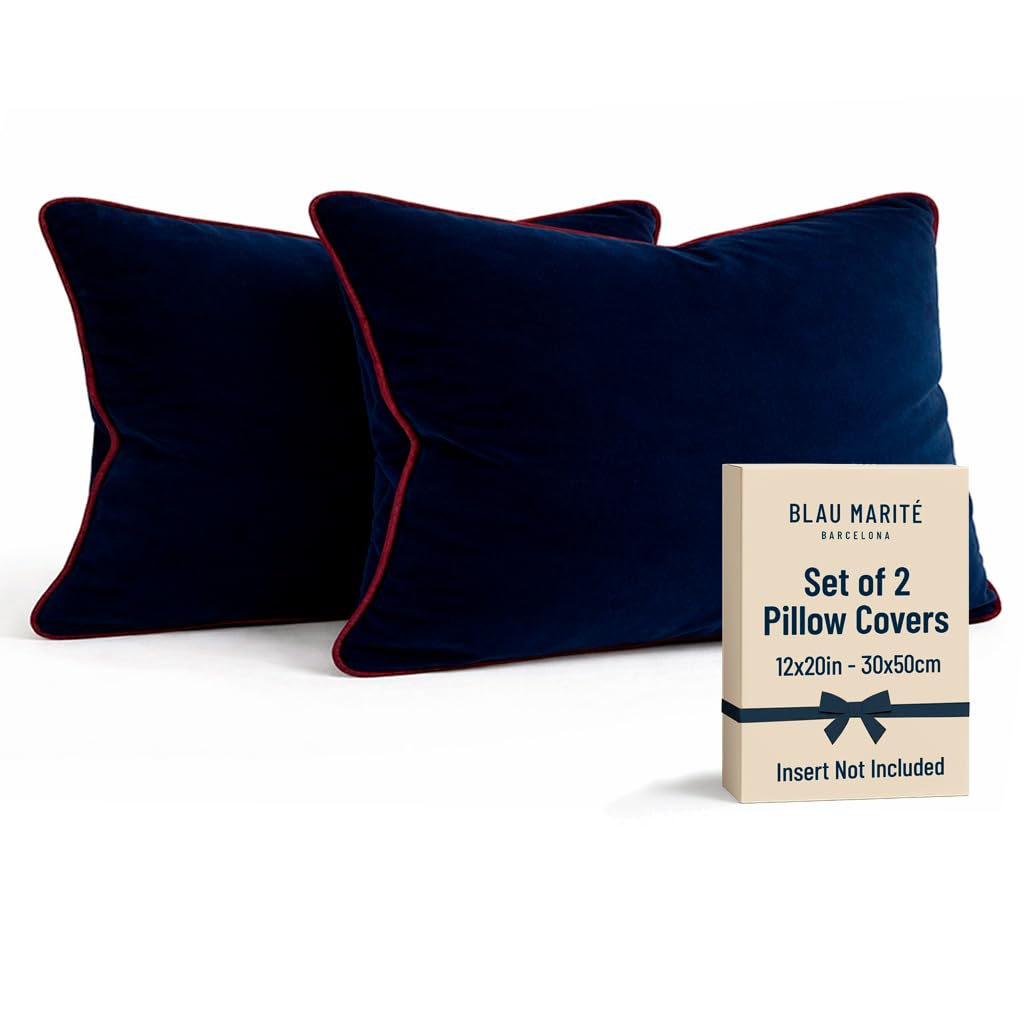 Blau Marité Set of 2 Velvet Throw Pillow Covers with Contrast Piping, Soft Decorative Cushion Covers, Navy Blue and Burgundy, 12"x20" (30x50 cm).