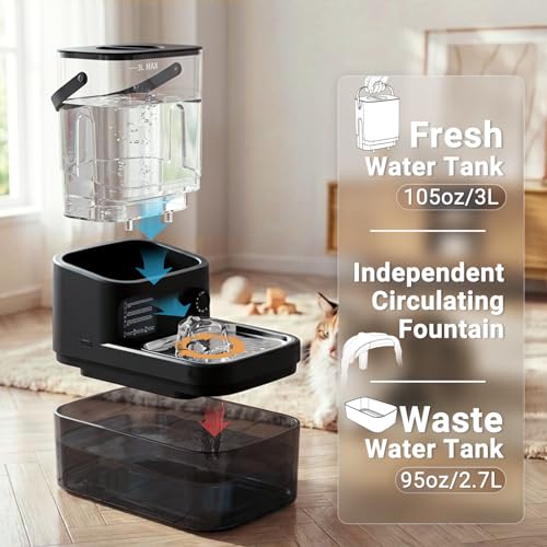 3L Filterless Cat Water Fountain, Wireless Motion Sensor Fountain with 4000mAh Battery, Stainless Steel Cat Bowls, Separate Water Tanks, Quiet – Black
