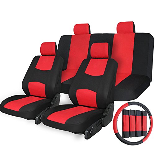 Copap Universal Car Seat Covers Flat Cloth Mesh 17pcs Seat Covers for Auto Universal Fit Front Airbag Compatible Black / Red Strip Free Steering Wheel Cover