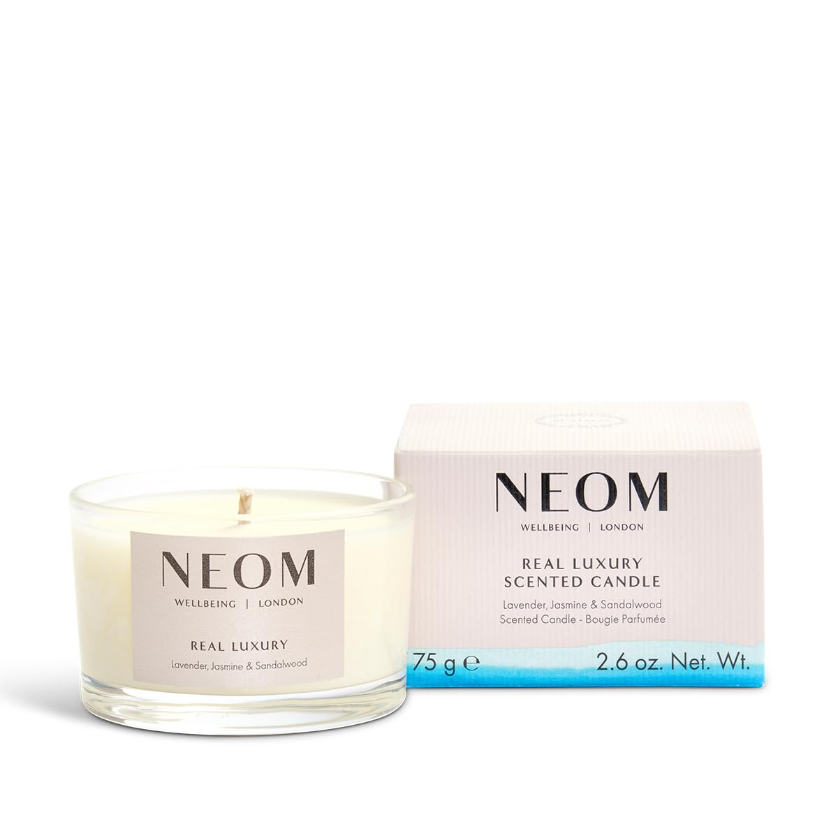 NEOM- Real Luxury Scented Candle, Travel Size | Lavender, Jasmine & Sandalwood | Essential Oil Aromatherapy Candle | Scent to De-Stress