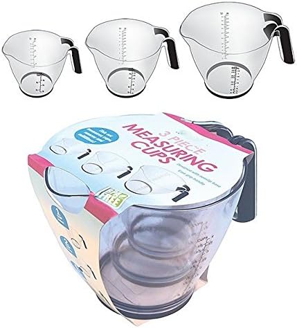 Set of 3 Measuring Cups Plastic Cup Set, 4 Cup, 2 Cup and 1 Cup Sizes, Nesting and Stackable for Baking and Cooking with Rubberized Handles and Bases